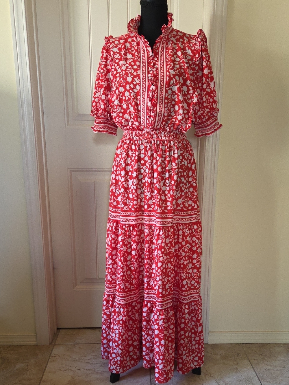 Max Edition Women's Red Floral Smocked Waist Tiered Maxi Dress, Size L